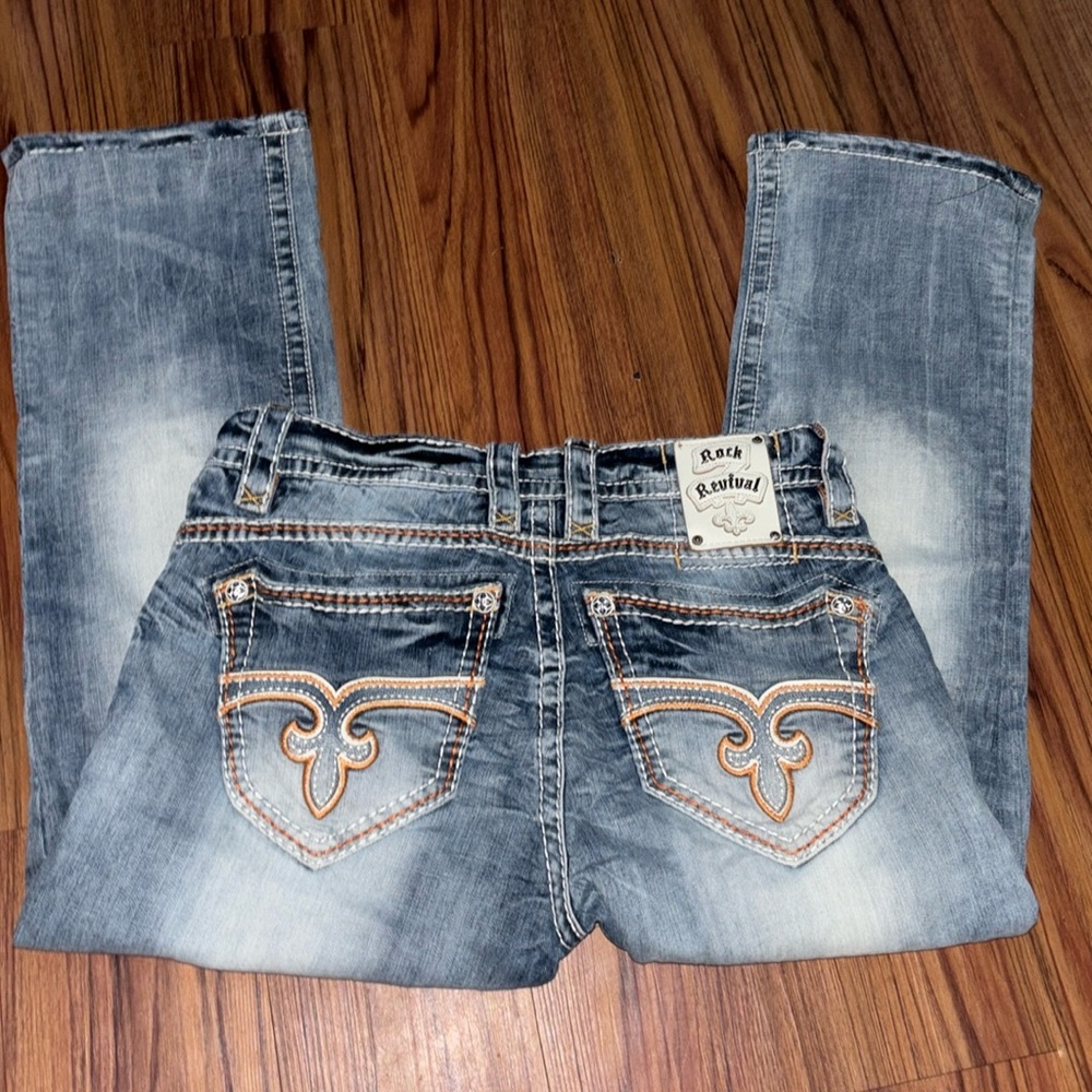 Rock Revival Gray Straight Men's Jeans with Orange Stitching